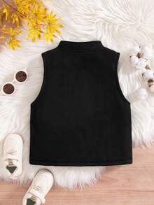 Boys' Fashion Casual Outerwear Inner Layer Vest, Solid Black Stand Collar Zipper Sleeveless Jacket, Autumn/Winter - Black - View 2