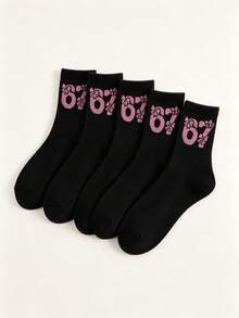 1/5/10 Pairs Women's New Cartoon Viral Number 67 Mid-Calf Socks, Cute Sweet Bowknot, Solid Color Casual Versatile, Suitable For All Seasons - Multicolor - View 11