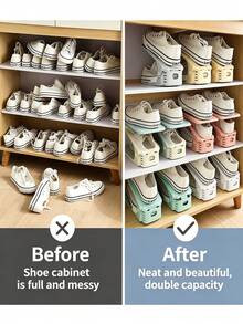 10pcs Adjustable Plastic Shoe Rack Stacker, Space-Saving Shoe Storage Organizer, Multi-Functional Shoe Rack For Entryway, Hallway, Bedroom, Bathroom, Dorm, Easy-To-Use Home Shoe Storage Solution - Multicolor - View 2