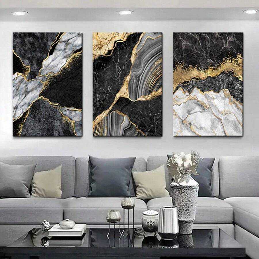 Juego de 1/3 piezas Pintura de arte de pared con textura de mármol abstracto de flujo de tinta beige y dorado, póster de decoración para sala de estar, sofá, oficina y hogar, entusiasta de la decoración del hogar minimalista moderna, material decorativo con marco opcional - Multicolor - Ver 1