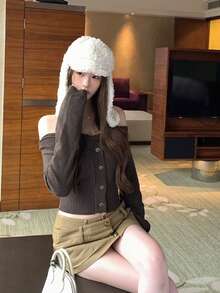 Women's Off-Shoulder Long Sleeve Cropped Sweater, Off-Shoulder Slimming Knit Top, Spring/Autumn - Brown - View 3