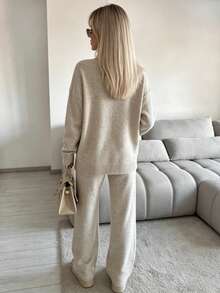 Fashionable Minimalist Women's Mid-Stretch Ribbed Knit Loose Sweater And Knit Pants Set, Perfect For Creating Comfortable Autumn/Winter Looks, Knitted Knit Set, Oatmeal Color - Khaki - View 4