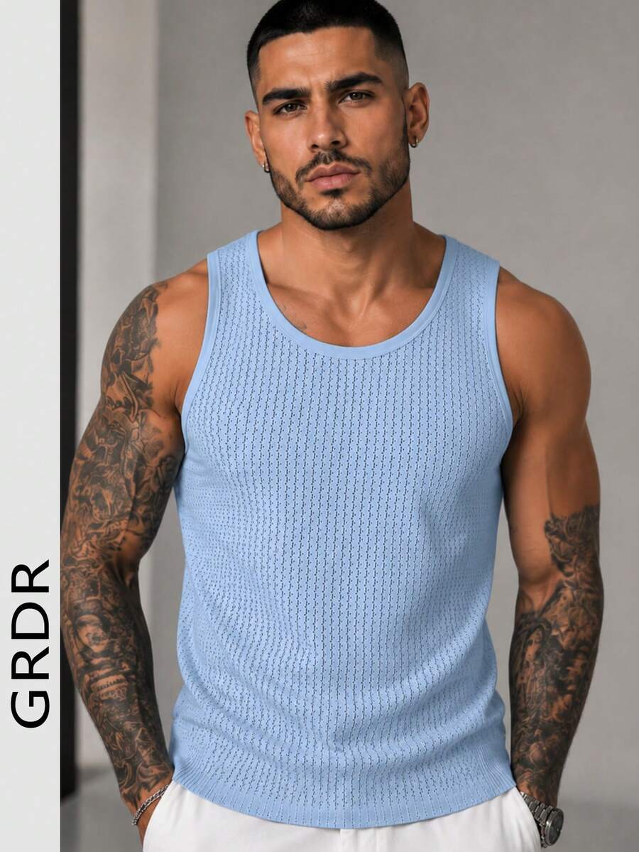 GRDR Men's Solid Color Hollow Mesh Tank Top Round Neck Sleeveless Shirt