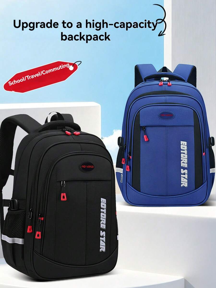 New Backpack For Elementary School Students, Girls And Boys, Laptop Bag, Simple Casual Versatile Campus Style, Black And Blue - Blue - View 1