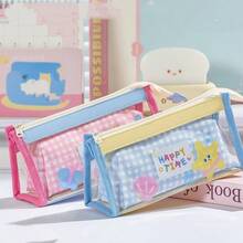 Triangle Star Grid Detachable Transparent Pencil Case, Girly Sticker Large Capacity Student Pencil Pouch, Canvas Visible Stationery Storage Bag For Middle And High School - Multicolor - View 5