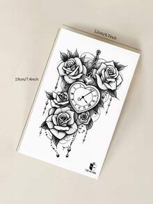 Semi-Permanent Pearl Rose Heart Pocket Watch Pattern Tattoo Sticker, Party Holiday DIY Gift, 1-2 Weeks No Fading, Non-Reflective, Arm Shoulder Back Leg Temporary Waterproof Tattoo Sticker, 1pc/Pack - Blue - View 7
