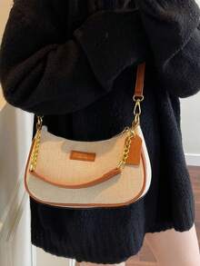Women's Shoulder Bag, Canvas Material Solid Color Bohemian Style Handbag, Gold Chain Zipper Design, Casual Daily Wear, Suitable For Spring And Summer - Brown - View 4