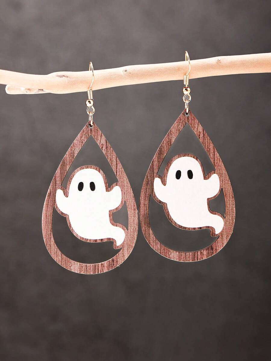 1 Pair Funny Creative Wooden Ghost Earrings For Women, Halloween Party Wear - White Ghost - View 1