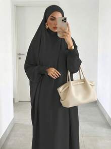 Solid Color Loose One-Piece Hijab Long Robe, Elastic Ribbed Cuffs Wide Sleeve Elegant Jilbab Robe, Muslim Women Daily Prayer Casual Outfit - Multicolor - View 16