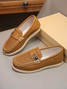 1 Pair Boys' Spring/Autumn Solid Color Hollow Out Minimalist Slip-On Comfortable Casual Loafers Flat Shoes - Mustard Yellow - View 6
