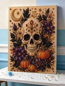 1pc Halloween Skeleton Pearl Painting DIY Unframed Set, Entryway Bedroom Decor, Healing Stress Relief Handmade Craft. No Manual Skill Required, Easily Create Atmospheric Halloween Artwork, Halloween/Holiday Gift Choice, Finished Pearl Surface Exquisite And Sparkling. Enjoy The Pasting Creation Process, Relieve Daily Stress, Suitable For Self-Use And Gifting 30*40CM - View 3