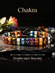 Pulsera de cuentas de piedra natural de estilo casual de doble capa, Chakra, hecha a mano con cuerda trenzada ajustable, adecuada para diferentes tamaños de muñeca, mejor regalo para amigos - Multicolor - Ver 2