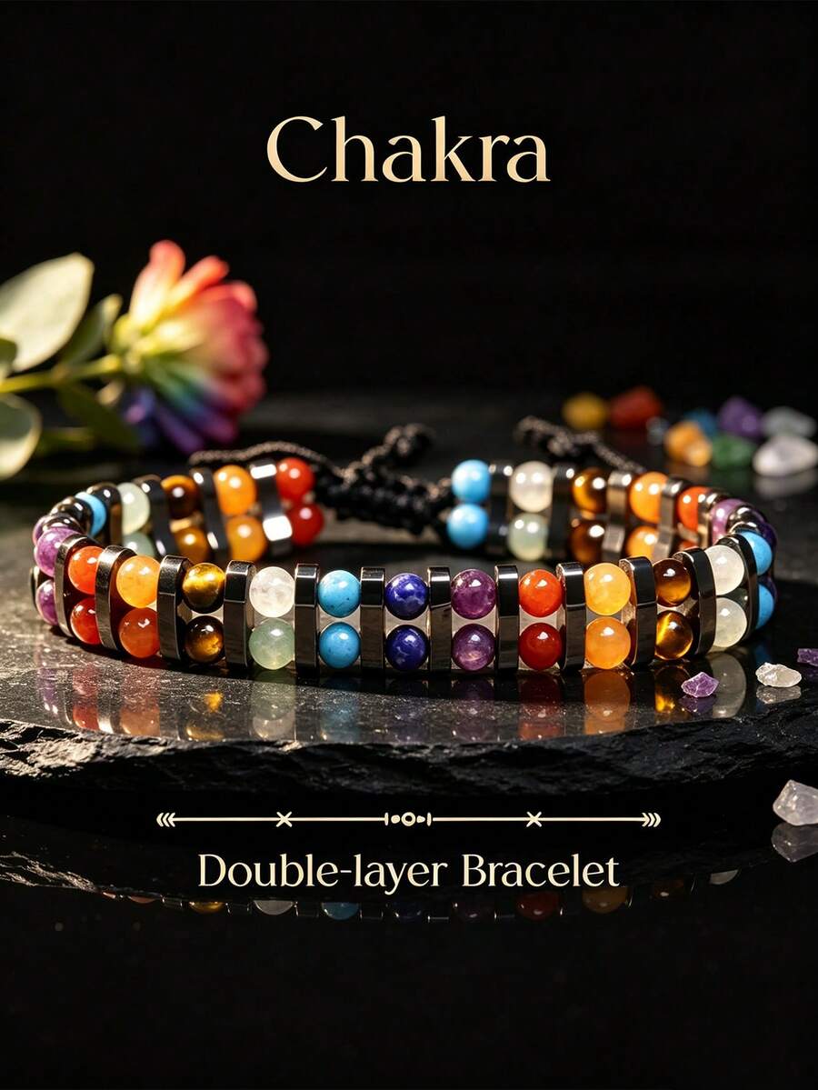 Pulsera de cuentas de piedra natural de estilo casual de doble capa, Chakra, hecha a mano con cuerda trenzada ajustable, adecuada para diferentes tamaños de muñeca, mejor regalo para amigos