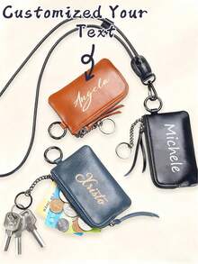 1pc Customized Personalized PU Leather Neck Lanyard Wallet, Customizable Text Mini Neck Hanging Coin Purse Keychain, Fashion Leather, Multi-Functional Large Capacity Coin Purse Card Holder Unisex Storage Bag Gift, Anniversary Gift, With Shoulder Strap And Buckle Zipper Card Holder, Portable Multi-Functional Small Accessory Storage Bag. - Multicolor - View 2