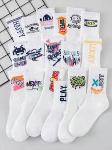 1/5 Pairs Random Men's White Graffiti Letter Mid-Calf Socks, Cool Multi-Slogan Print Breathable Skateboard Socks For Men And Women - Multicolor - View 6