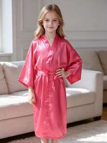 Young Girl Solid Color Waist Tie Casual Daily Home Sleepwear - Multicolor - View 2