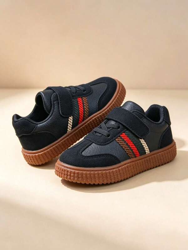 All-Season Kids' Vintage Black Sports Training Shoes, Style, Spring/Autumn Colorful Striped Unisex Toddler Outdoor Activity Soft Sole Non-Slip Casual Black Skate Shoes With Hook And Loop Easy On/Off, Soft Fabric Baby Walking Shoes, Autumn/Winter New Colorblock Neutral Style Kids' Sports Shoes, Unisex Toddler Daily Wear White Sneakers