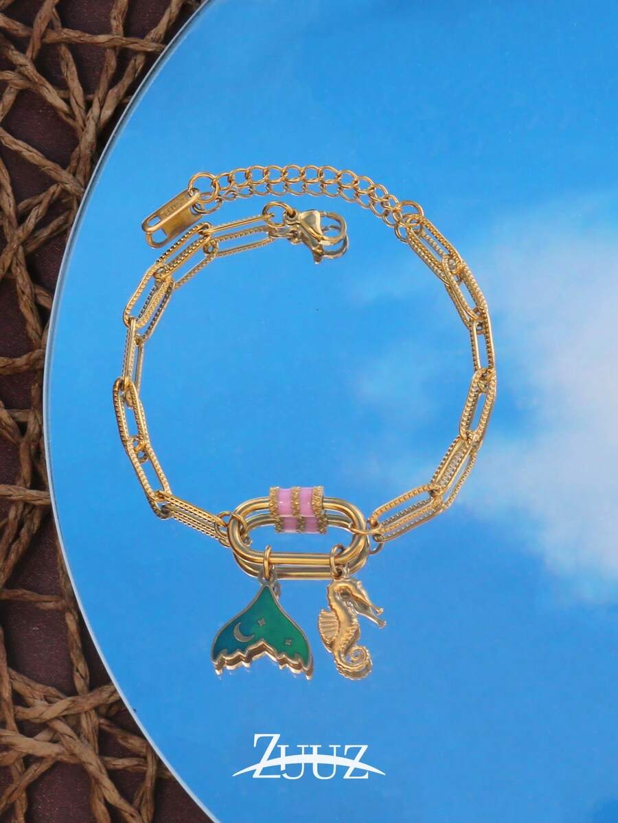 1pc Stainless Steel Ocean Style Pendant Bracelet For Women Fashion Simple 18K Gold Plated Elliptical Buckle Charms Bracelets Jewelry - Bracelet - View 1