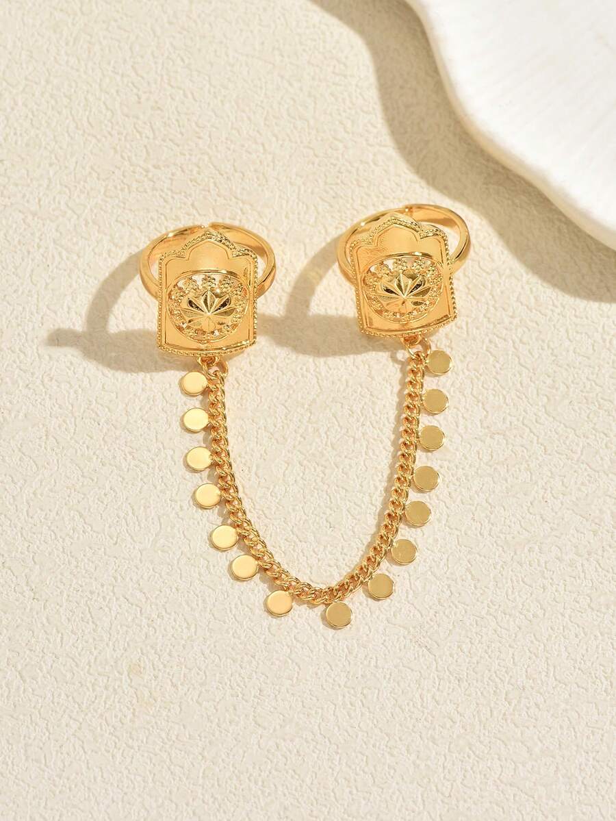 1pc Luxury Vintage Geometric Finger Ring, Suitable For Women's Banquet, Wedding, Festival Wear - Gold - View 1