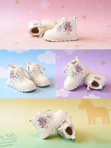 Autumn/Winter Girls' Thermal Lined Warm Boots, Cartoon Pretty Girl Print Side-Slip-On Soft Sole Toddler Ankle Boots - Beige - View 2