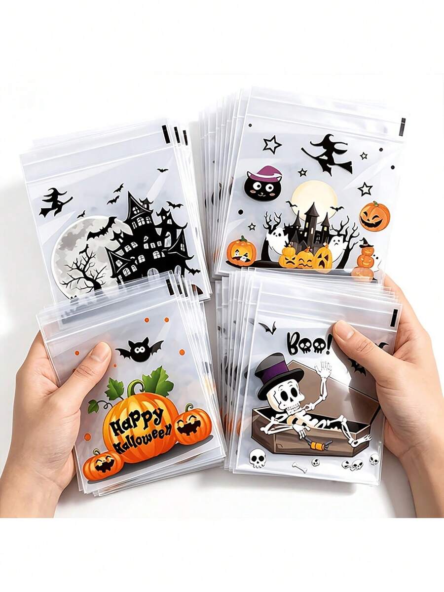 100PCS Self-Adhesive Plastic Gift Bags, Perfect For Party Favours And Spooky Decorations Reusable Four In One Skeleton, Bat, And Pumpkin Designs, Lightweight And Durable Bags For Events, Birthdays,Halloween Party Goodie Bags: Trick-Or-Treat! - View 1