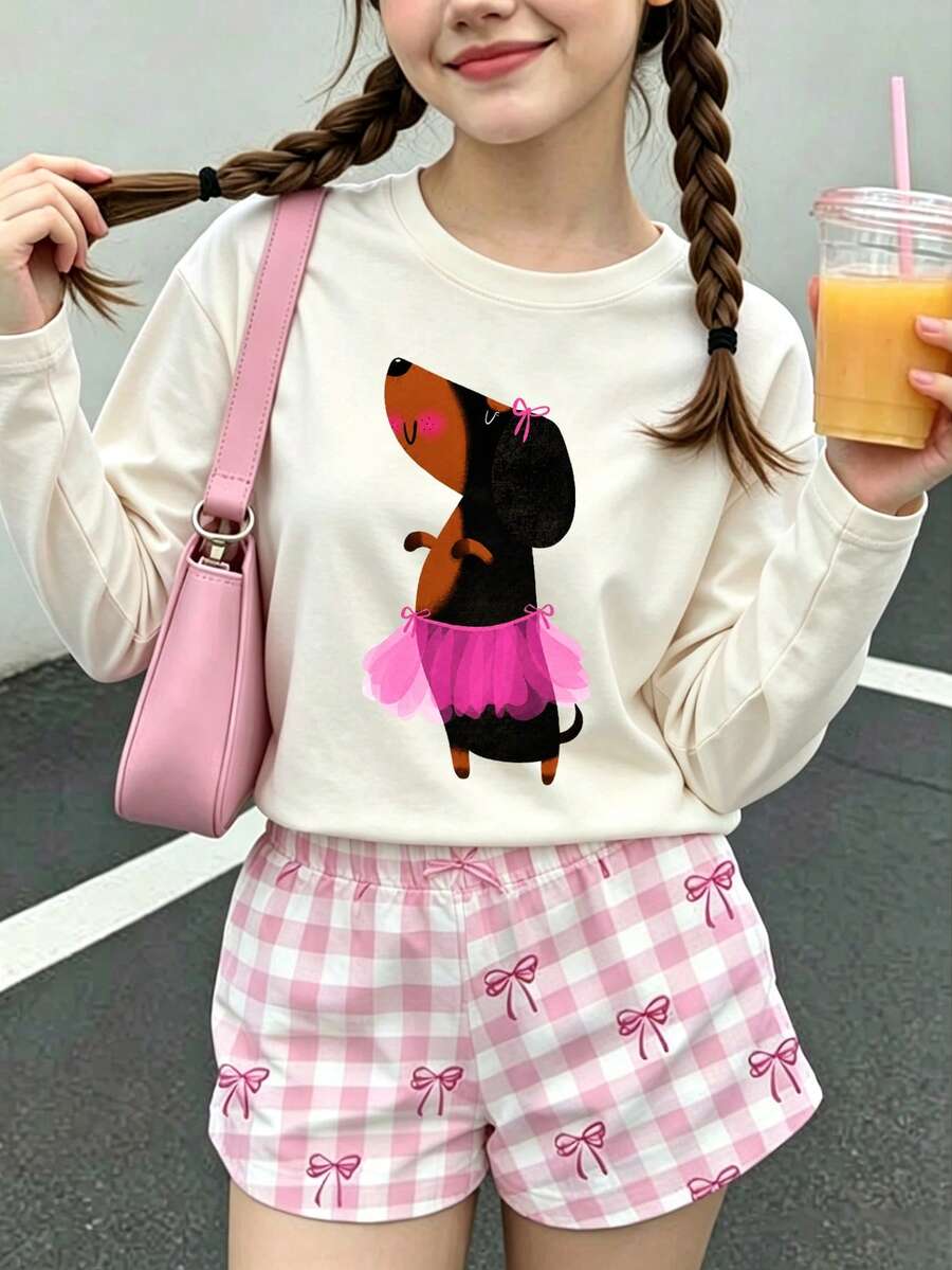 Girls Cute Dachshund Ballet Tutu Graphic Long Sleeve Tee, Casual Crew Neck T-Shirt - Apricot - View 1