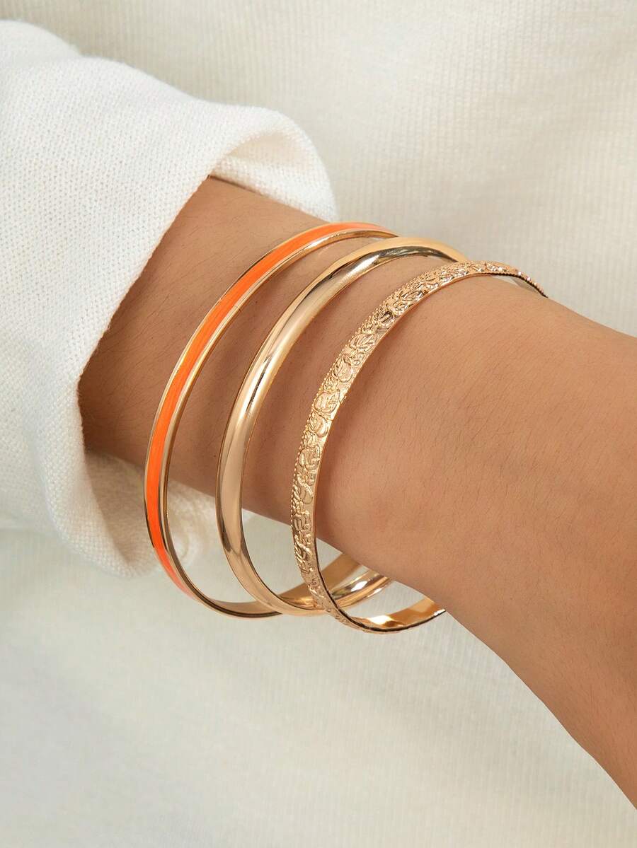 3pcs Fashion Versatile Metal Texture Oil Drop Enamel Bracelet Set For Women, French Vintage Summer Minimalist Beach Vacation Daily Wear - Geometry - View 1