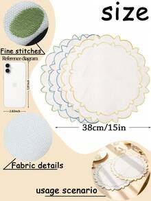 1-4pcs Gold Trim Double Layer Petal Embroidered Placemats, Korean Cream Style Fabric Round Wavy Edge Heat-Insulating Table Mats, Wedding Spring Afternoon Tea Table Decor - Multicolor - View 4