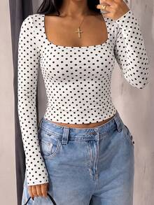 GLAMSKIN Women's Autumn Basic Polka Dot Square Neck Long Sleeve Fitted Short Top, White Sexy Fitted T-Shirt, Casual Shirt, Suitable For Back To School And Outings - White Background With Black Dots - View 7