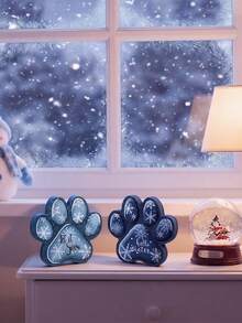 2件組冬季狗狗爪印桌飾，藍色雪花木製牌，附「Let It Snow Hello Winter」文字，農舍風聖誕桌面裝飾品，適用於居家壁爐架與層架裝飾，寵物愛好者節日裝飾 - 狗爪印 - 查看 2