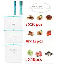 45入可重複使用密封食物儲存袋（10個大號 + 15個中號 + 20個小號），加厚冷凍袋，可微波，藍色，適用於長期食物保存與收納，透明PE夾鏈袋，適合廚房食物分類、零食儲存、蔬果分類，保持食材新鮮，居家必備儲存袋 - 透明 - 查看 16
