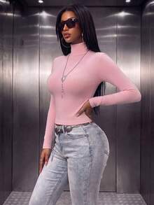 Women's Casual Fleece Lined High Neck Slim Fit Long Sleeve T-Shirt For Winter/Fall Daily,Winter Fall Outfit,Winter Fall Clothes,Going Out - Pink - View 4