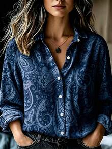 Vintage Paisley Flower & Paisley Print Women's Plus Size Long Sleeve Button-Down Blouse Vacation - Blue - View 1