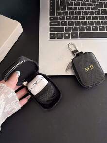[Customized]Personalized Custom Luxury Name Letter Faux Leather Pattern Earphone Bag Keychain Storage Bag Earphone Case Compatible With 1 2 3 4 Pro 2 Pro Pro 3 - Multicolor - View 3