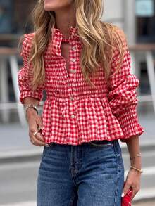 Women's Casual Vintage Streetwear Daily Ruffle Plaid Shirt, Spring/Autumn Blouse - Red - View 4