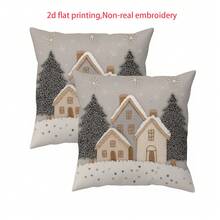 2pcs/Set 2D Flat Print Christmas Pillow Covers, Non-Embroidered Cottage Style Decorative Cushion Covers, Polyester Farmhouse Winter Pillowcases, Suitable For Bedroom Living Room Sofa, Non-Real Embroidery (Pillow Insert Not Included) - Multicolor - View 3