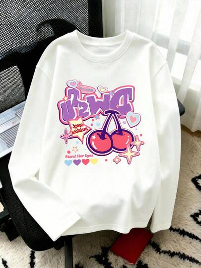 Girls Y2K Cherry Heart Star Print Long Sleeve Tee