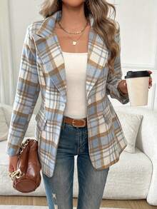 Women's Blue & Brown Plaid Blazer, Long Sleeve Single Button Loose Fit, Polyester Material, Suitable For Autumn Wear, Autumn/Winter Casual Jacket, Autumn/Winter Overcoat - Blue Grid - View 2