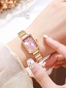 JUSMI Fashionable Pink Rectangular Watch With Gold Chain Strap, Crystal Dial, Ideal Gift For Girlfriend Graduation, Wedding, Anniversary - Pink - View 3