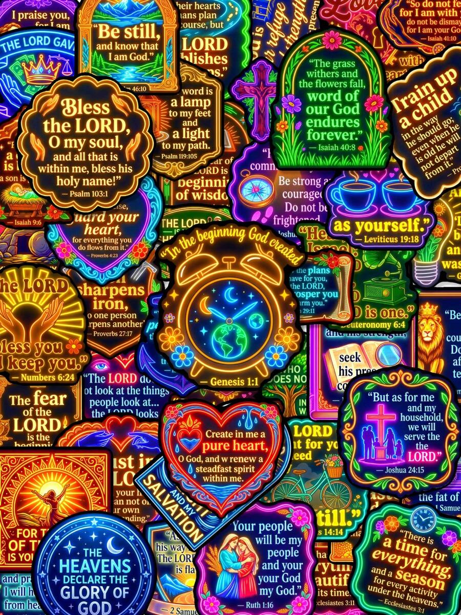 50Pcs Neon Bible Verse Christian Vinyl Stickers, Neon Scripture & Faith Symbol Decals For Bible Journaling, Notebook Scrapbook & DIY Water Tumbler Decor - Multicolor - View 1