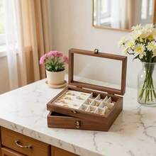 Caja de joyas con tapa transparente, caja de almacenamiento de pendientes 2 en 1, organizador de joyas de madera de nogal, forro de terciopelo, adecuada para exhibición en el hogar - Multicolor - Ver 12