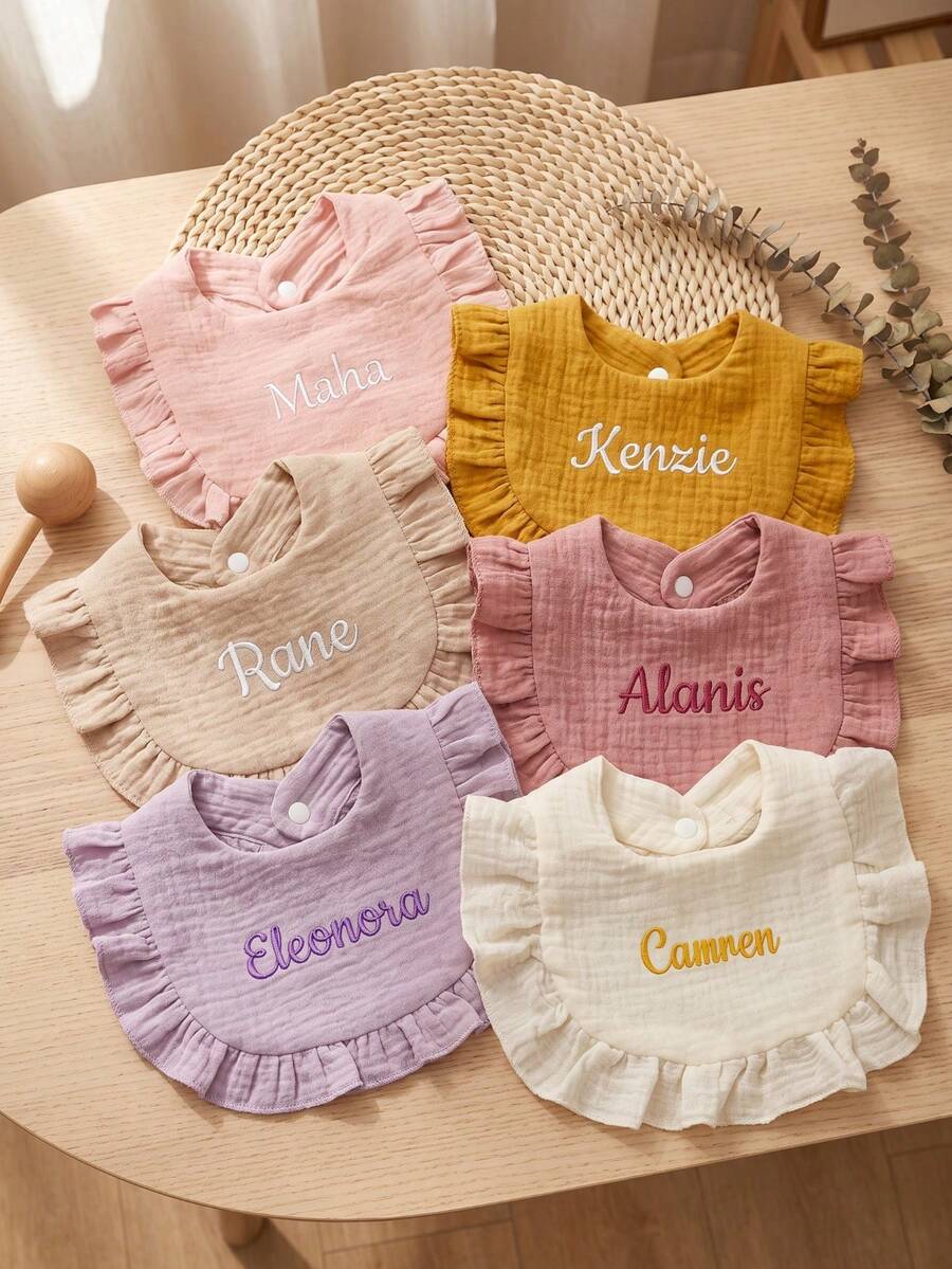 Personalized Ruffle Baby Bib With Name – Soft Embroidered Bib, Newborn Essential, Baby Shower Gift For Girls & Boys - Multicolor - View 1