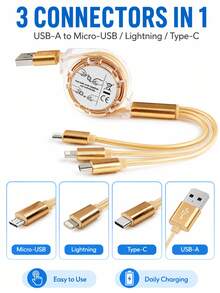 1pc 3-In-1 Retractable Charging Cable, 1.2m USB-A To Type-C/8-Pin/Micro USB, Up To 3A Silicone Multi Charger Cord For Phones, Tablets & Power Banks, Gold - Gold - View 6
