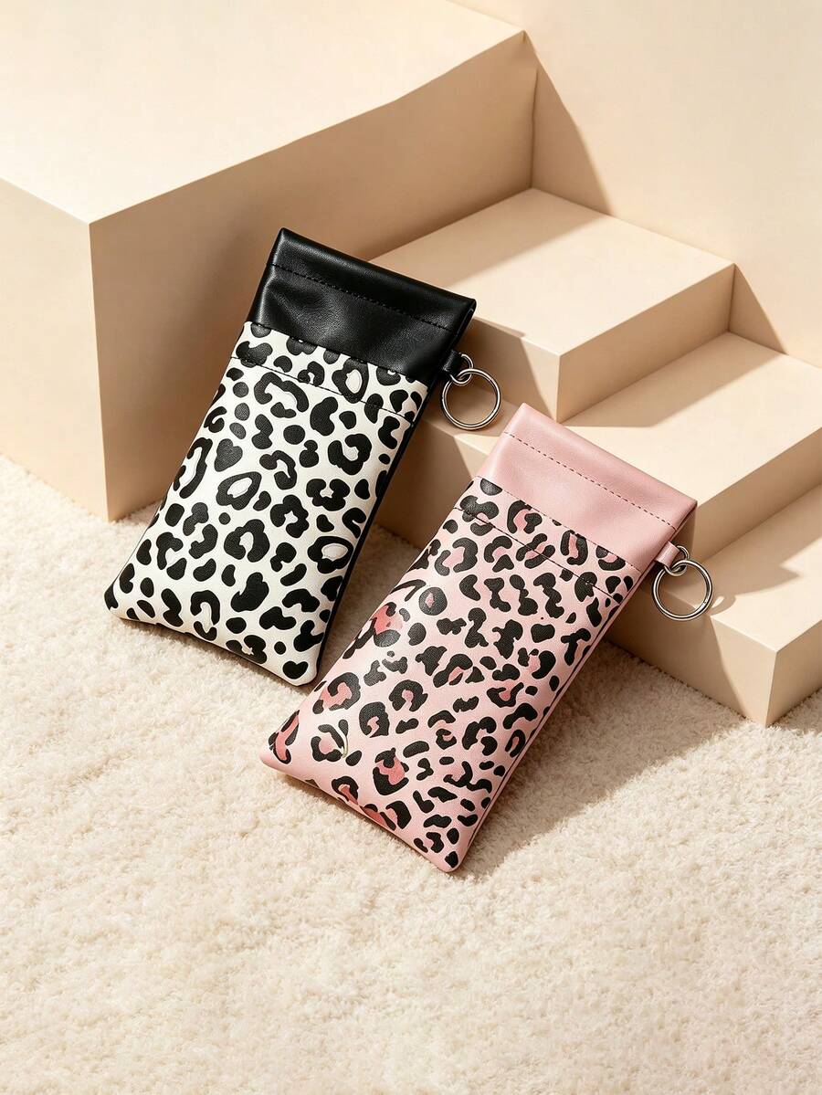 1pc Auto Squeeze Close Glasses Pouch Leopard Print PU Leather Portable Fashion Glasses Case With Keyring 3 Colors Eyewear Storage Bag For Women Daily Use - Multicolor - View 1