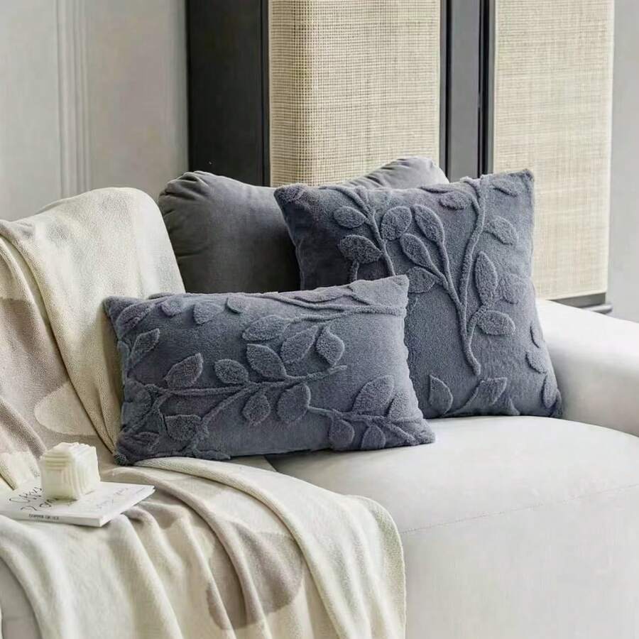 2pcs Leaf Embossed Fluffy Pillow Covers, Mixed Sizes 43x43cm And 30x50cm, Soft And Plush Cushion Covers, Sofa Bedroom Decorative Pillowcases, Pillow Inserts Not Included - Grey - View 1