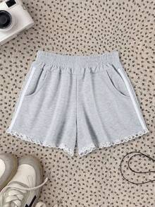 1pc Tween Girls American Style Lace Patchwork Side Stripe Casual Shorts, Loose Fit, Versatile For Daily Streetwear - Light Grey - View 11