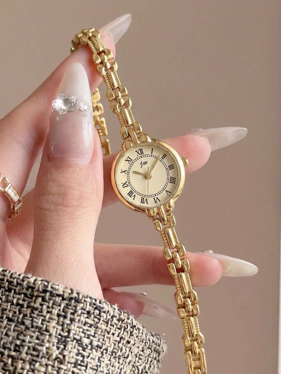 1 pieza Reloj de pulsera de cuarzo con esfera redonda mini para mujer, reloj de moda con correa de eslabones de aleación geométrica plateada, reloj de accesorio elegante para mujer con esfera numérica minimalista delgada, reloj de pulsera impermeable casual para uso diario y oficina para mujer