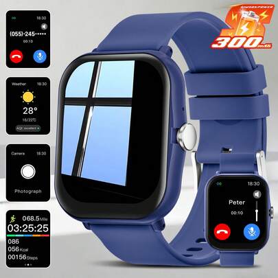 Simson Power 300mAh Neutral Style High-Definition Full Screen Soft Silicone Strap Wireless Calling Multi-Sport Mode Message Notification Fitness Tracking Music Control Remote Camera Control Sports Style Smart Watch, Suitable For Men And Women