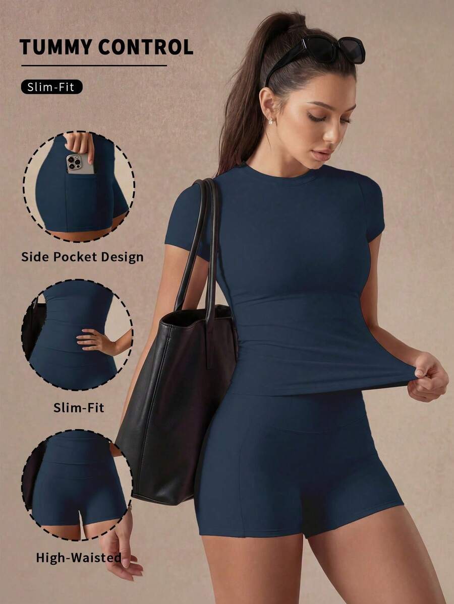 6pecil Conjunto de dos piezas para el hogar en color marrón café, top de manga corta y pantalones cortos de ciclismo de talle alto con bolsillos, ropa deportiva de otoño para mujer en tono mantequilla estético - Blanco - Ver 1