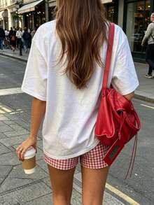 2pcs Women's Printed Short Sleeve Top + Elastic Waist Shorts Pajama Set - White - View 7